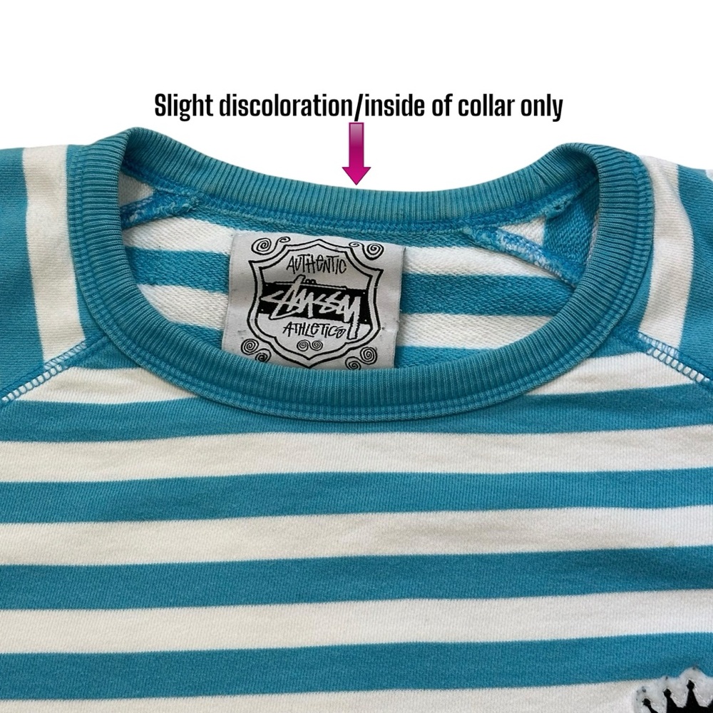 Vtg‎ Stussy Striped Crewneck Sweatshirt Crown Logo 90s Y2K Skate Streetwear Sz L - Picture 4 of 12